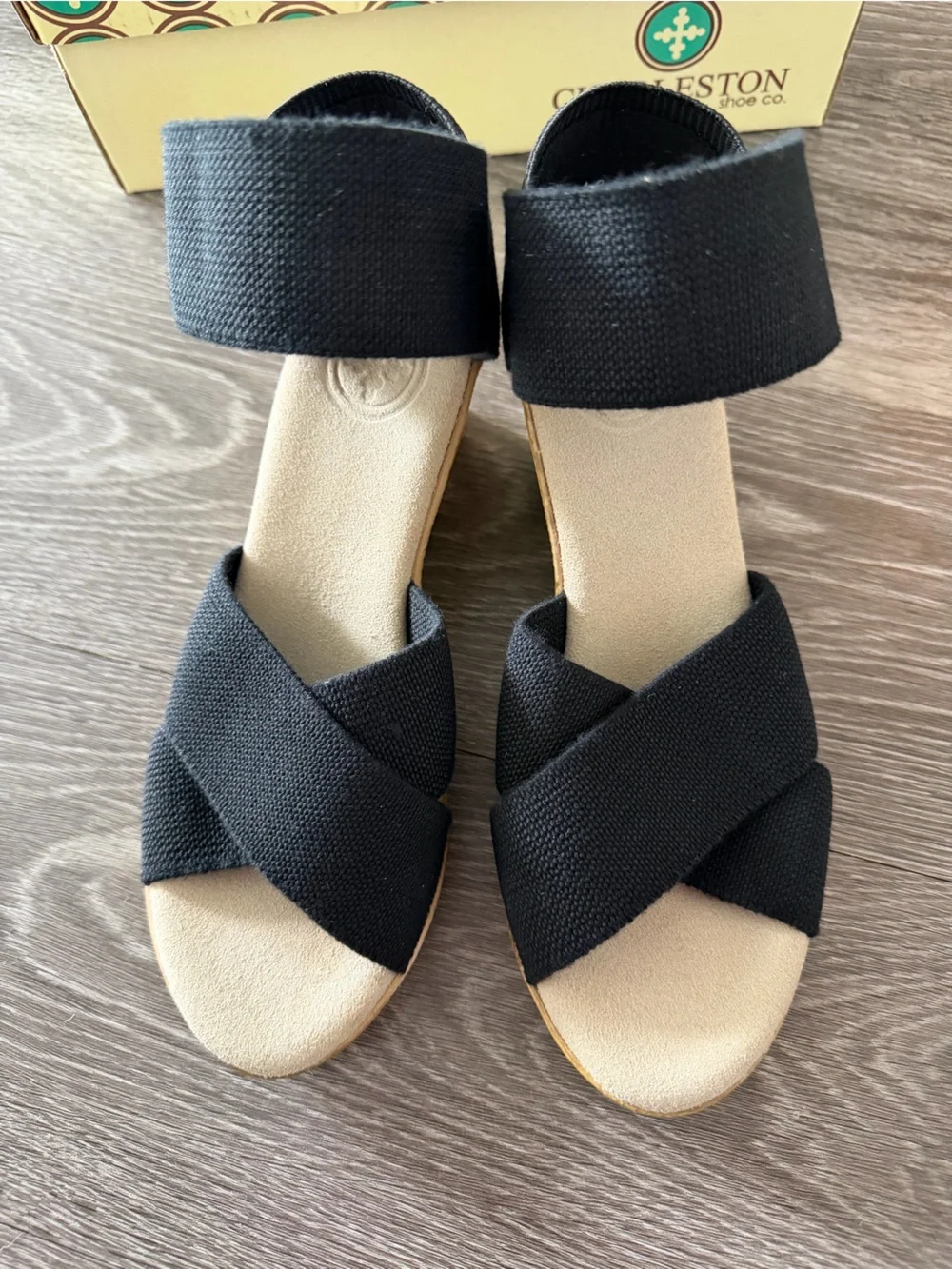 Charleston Shoe Co, Cannon Wedge Sandals, size 6, black, new in box!